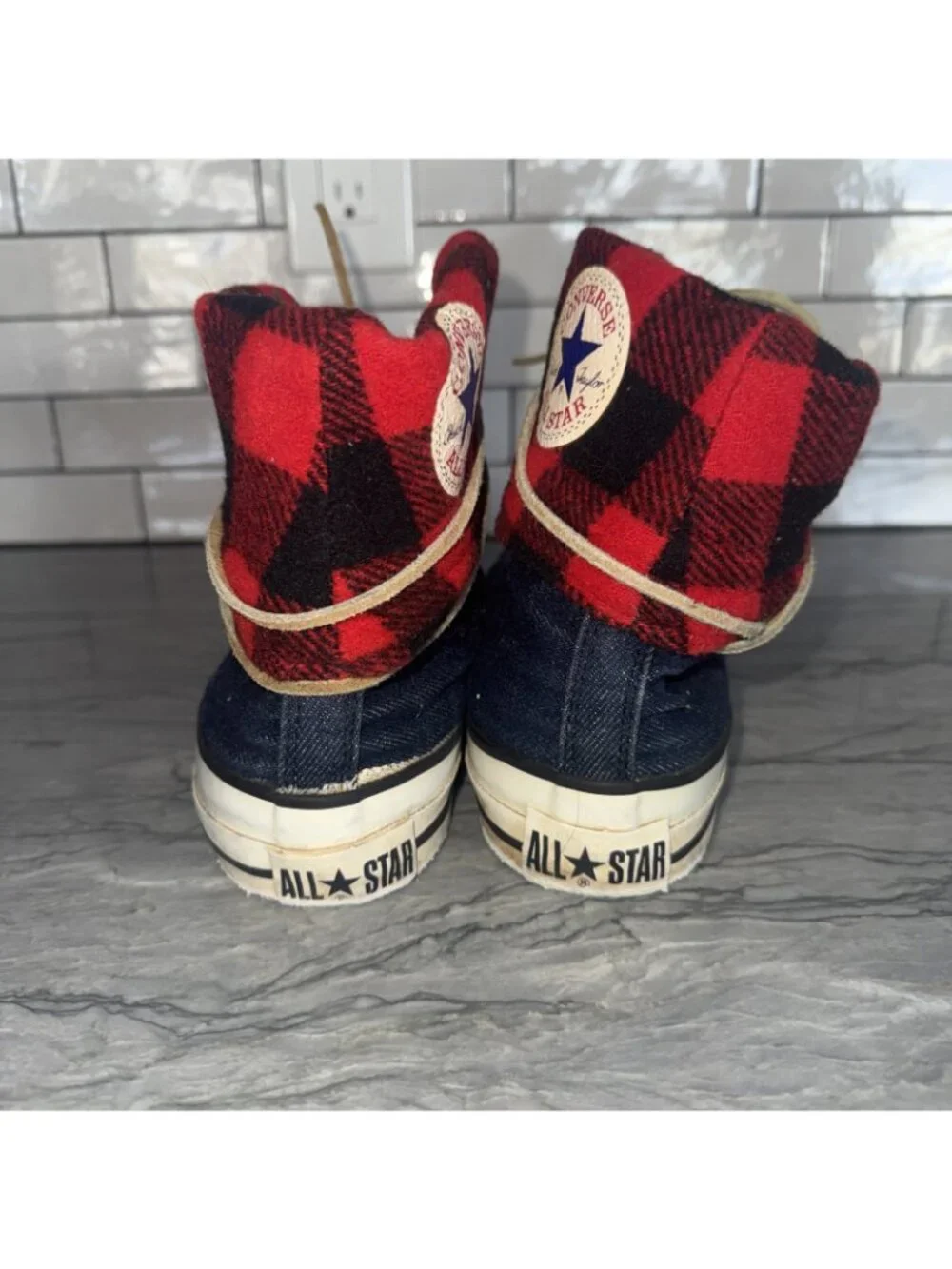 Converse Mens 9.5 Vintage NeeHi Tall High USA Made Denim Fold Over Plaid Sneaker - Picture 2 of 10